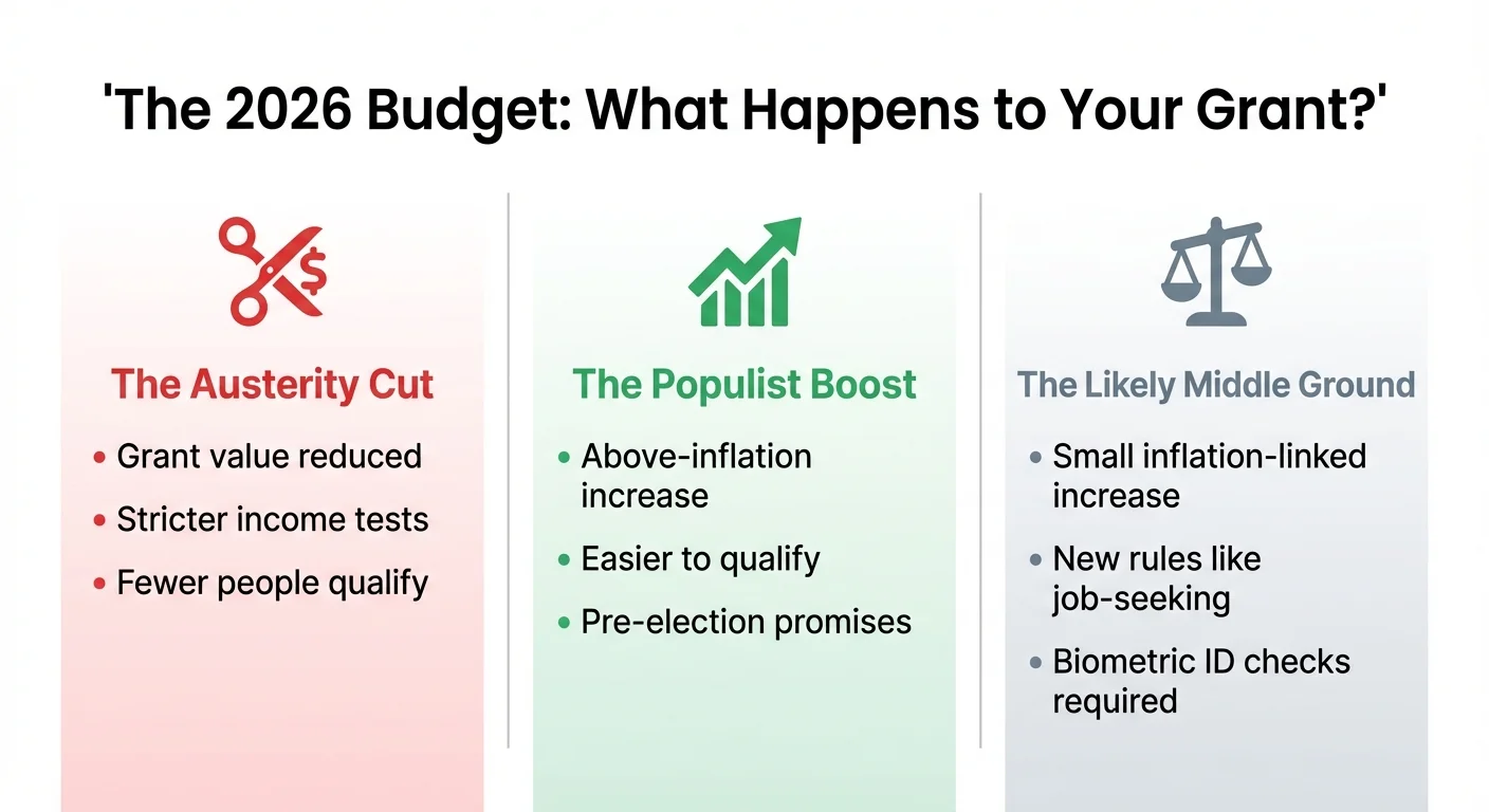 Infographic comparing three potential 2026 budget outcomes for SASSA grants: an austerity cut, a populist boost, and a likely middle ground with a small increase and new rules.