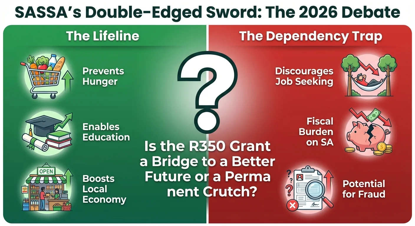Infographic comparing the pros and cons of the SASSA grant in 2026. The 'Lifeline' side shows benefits like preventing hunger, while the 'Dependency Trap' side shows risks like fiscal burden and discouraging work.