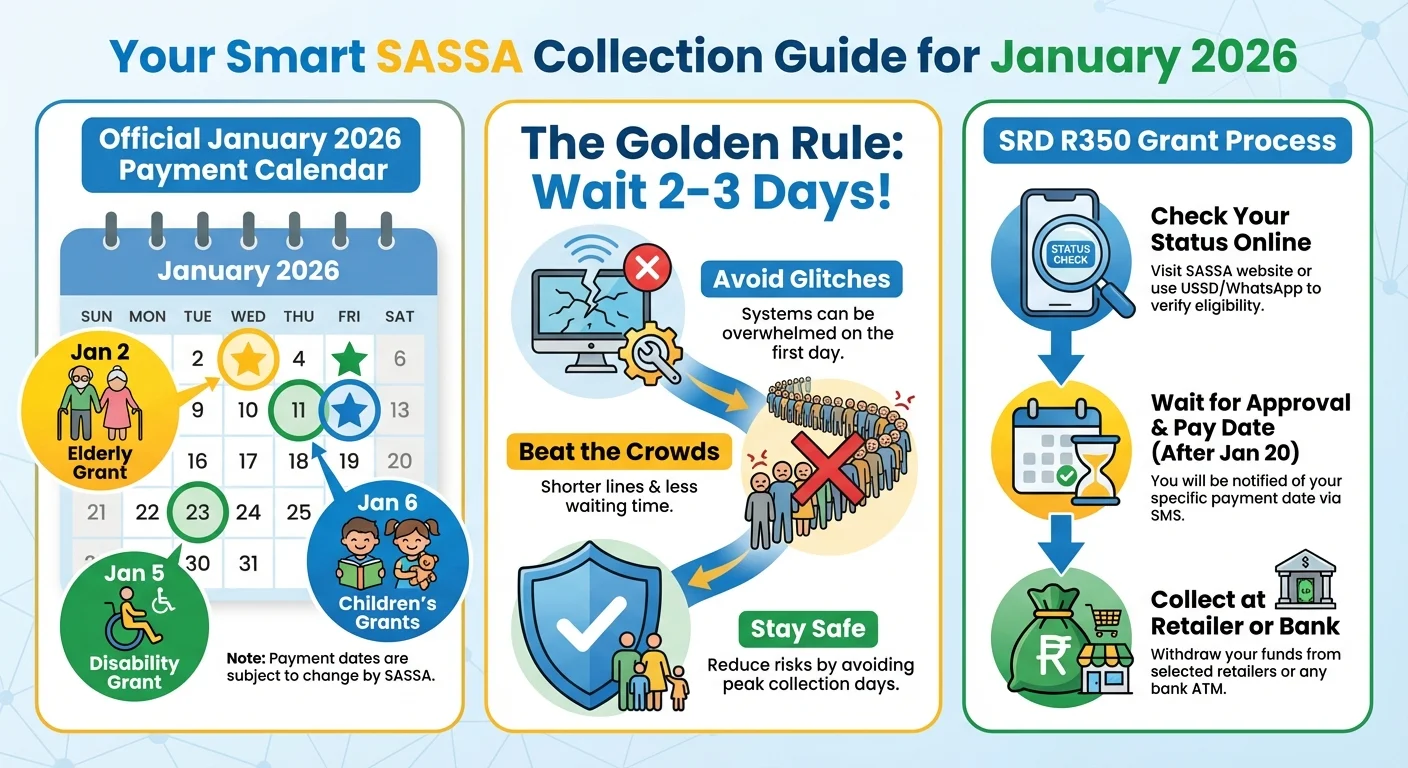 Infographic showing the SASSA payment dates for January 2026, advising beneficiaries to wait 2-3 days before collecting, and outlining the process for checking and receiving the SRD R350 grant.