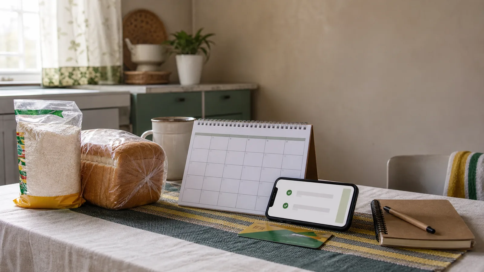 A kitchen table with a June calendar, phone, bank card, notebook, bread and maize meal arranged for SASSA payment planning.