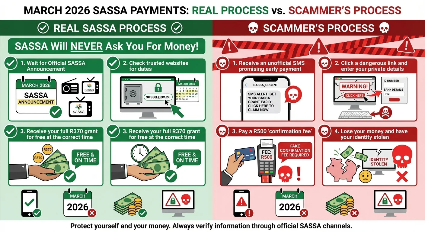 An infographic comparing the legitimate SASSA payment process for March 2026 with a fraudulent scam process that involv…