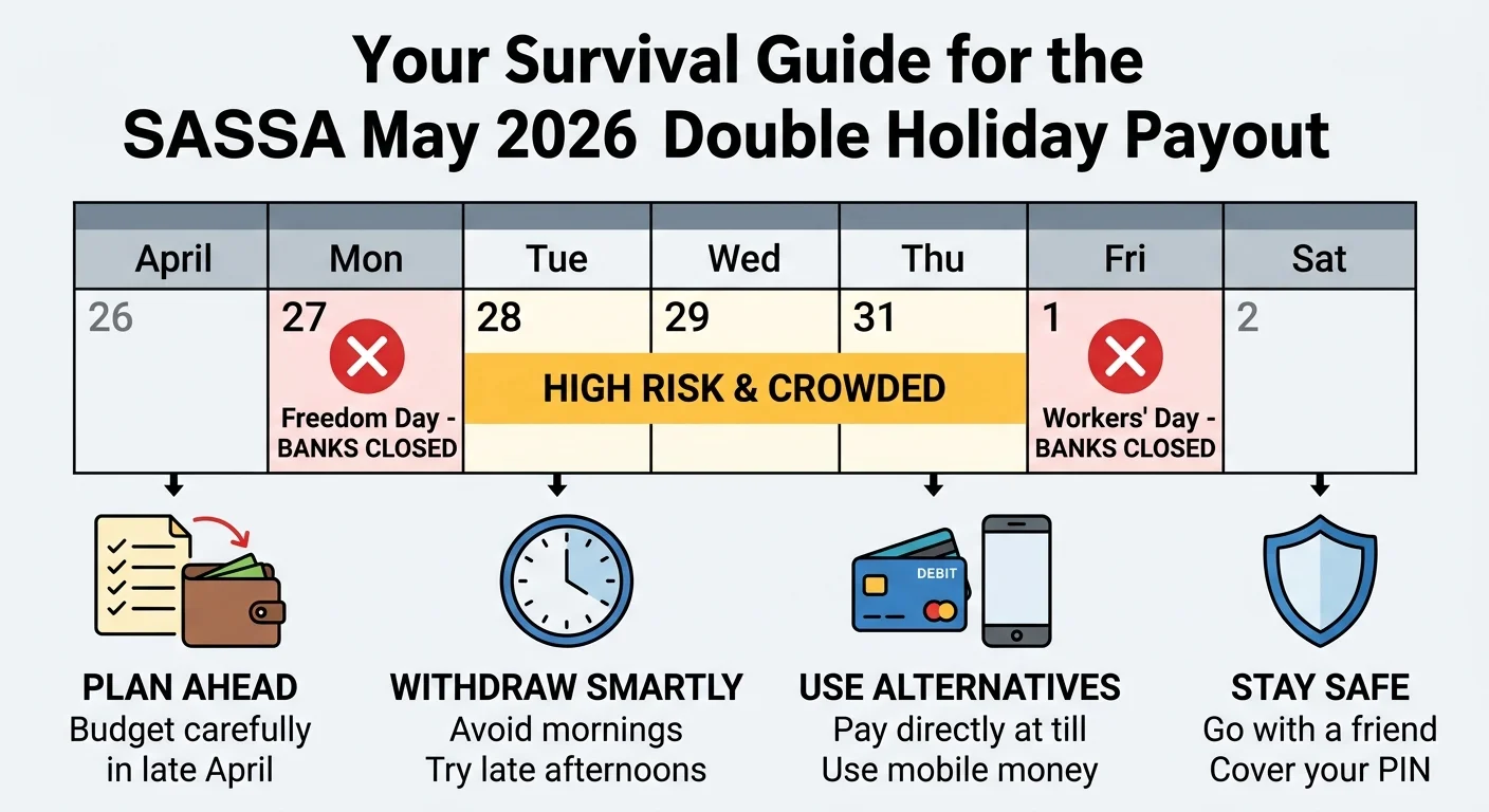 An infographic titled 'SASSA May 2026 Double Holiday Payout Survival Guide' showing a calendar of the affected dates an…