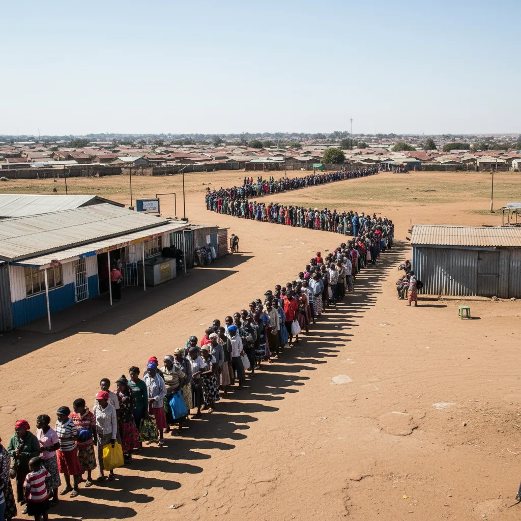 A long queue of people waiting outside a supermarket in South Africa, illustrating the potential delays for the SASSA M…