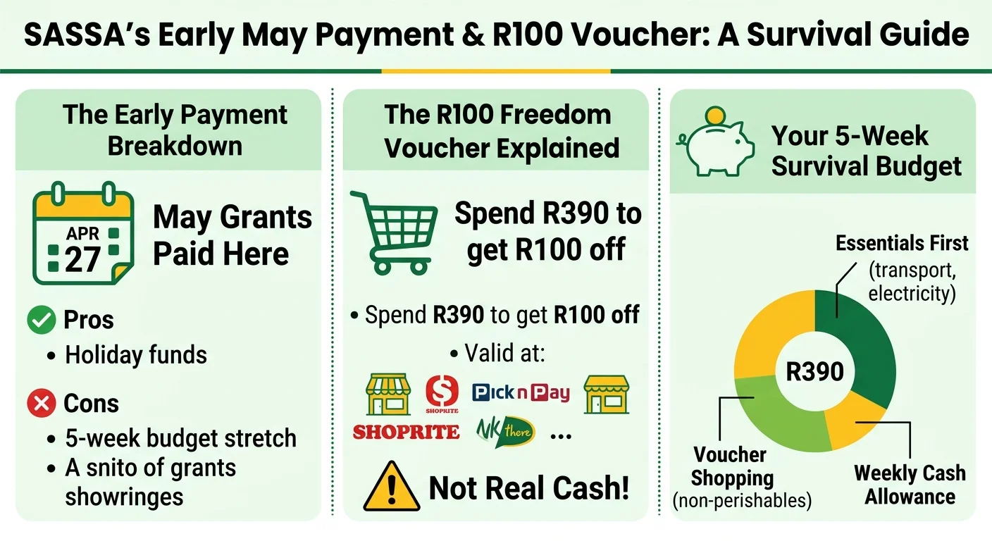 An infographic explaining the pros and cons of SASSA's early May 2026 payment, how the R100 retail voucher works, and a…