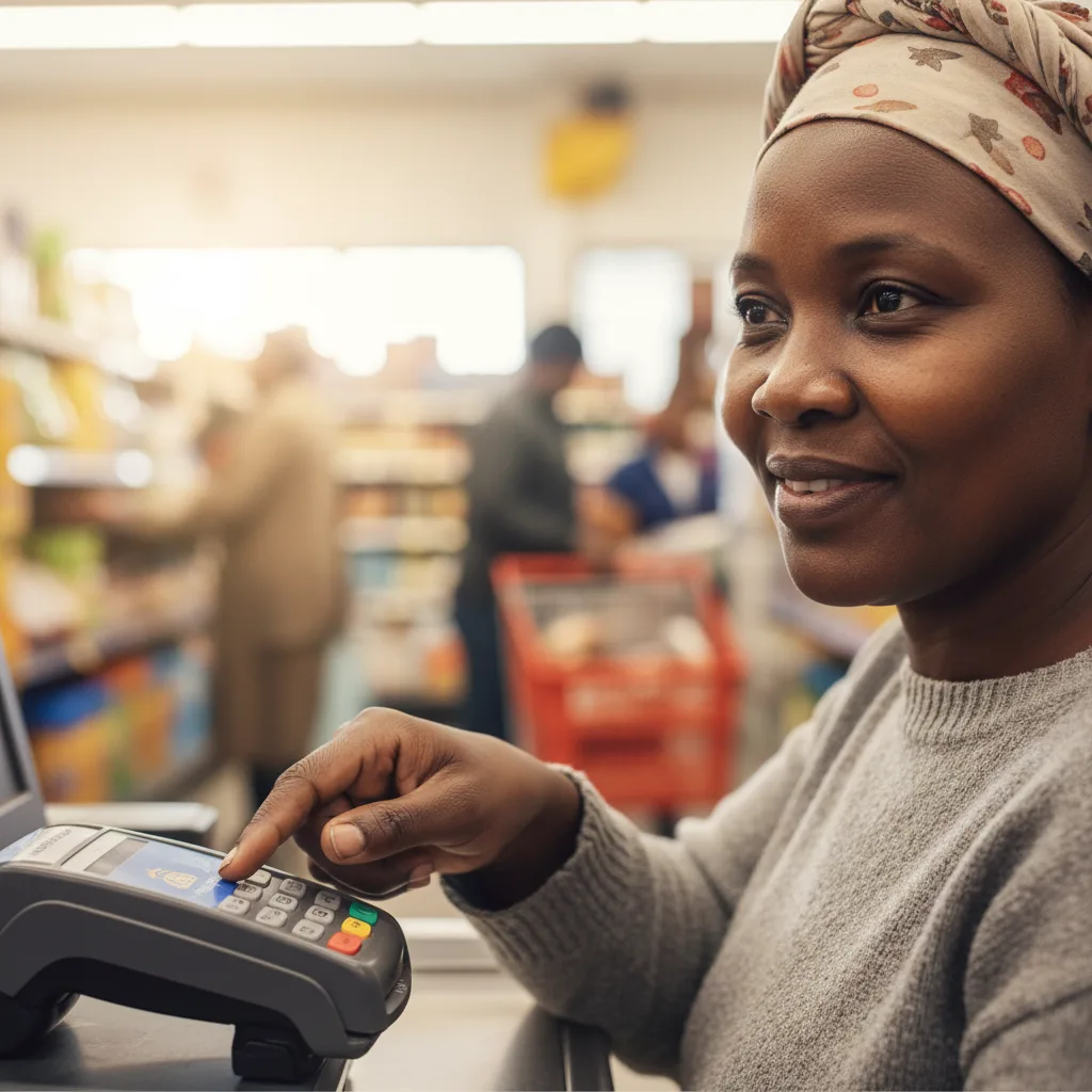 A South African woman feels a sense of relief as she successfully uses her SASSA card to pay for groceries, a represent…