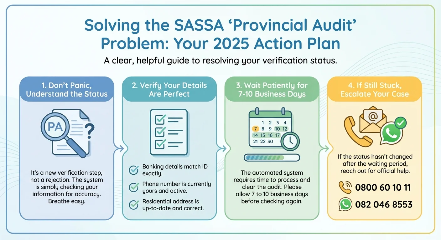 An infographic detailing the 4-step solution for fixing the SASSA 'Provincial Audit' status in 2025, including understanding the status, verifying personal details, waiting for the system to update, and escalating the case if necessary.