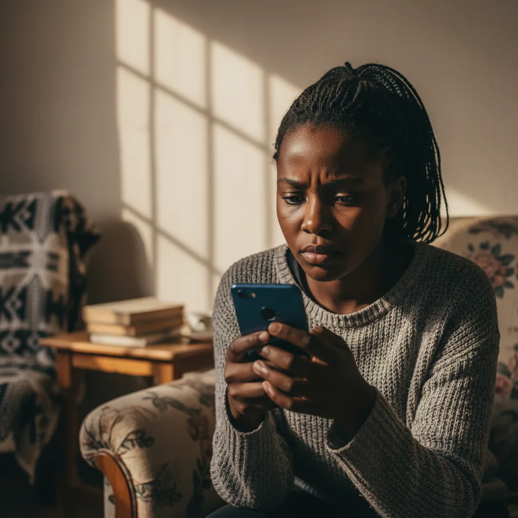 A young South African woman anxiously checks her SASSA grant status on her smartphone in her home in December 2025.