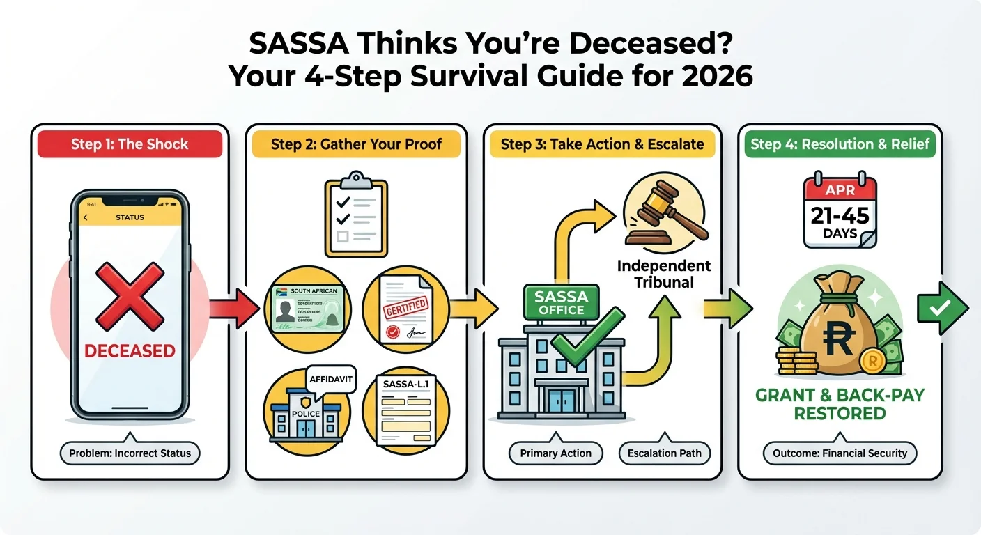 A 4-step infographic explaining how to fix the SASSA 'Deceased' status error in 2026, showing the steps from checking s…