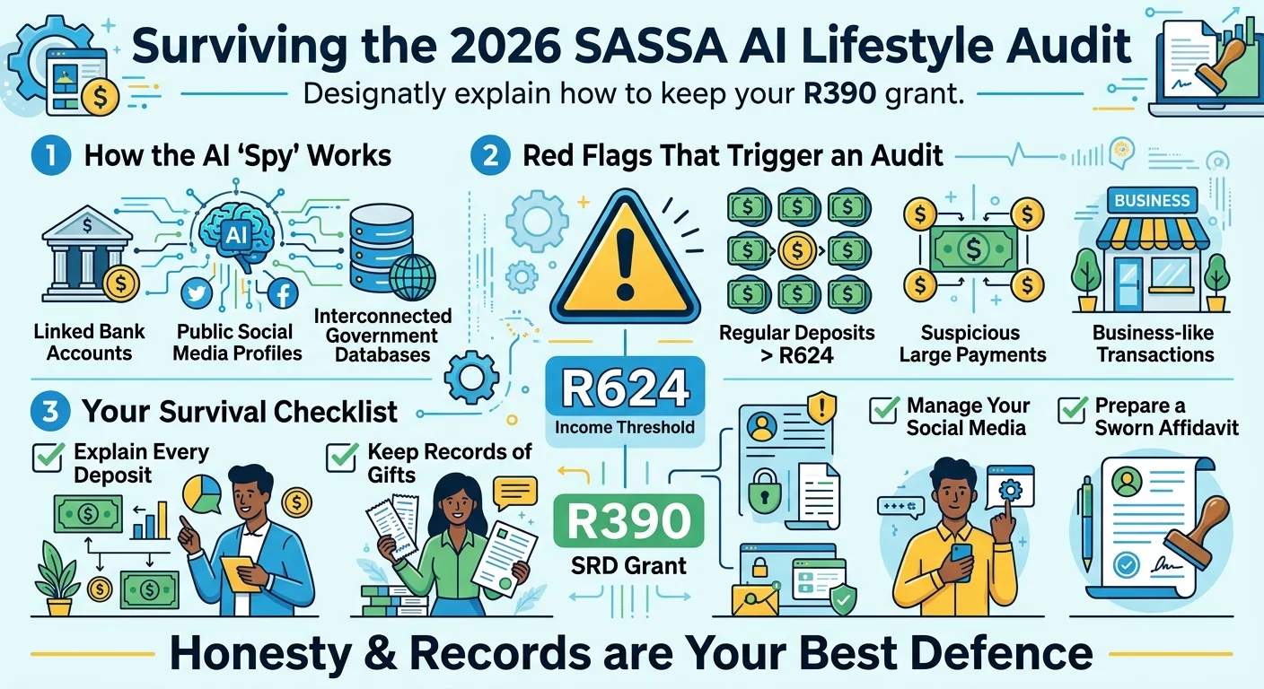An infographic explaining the SASSA AI Lifestyle Audit for 2026, showing what triggers a review and providing a checkli…
