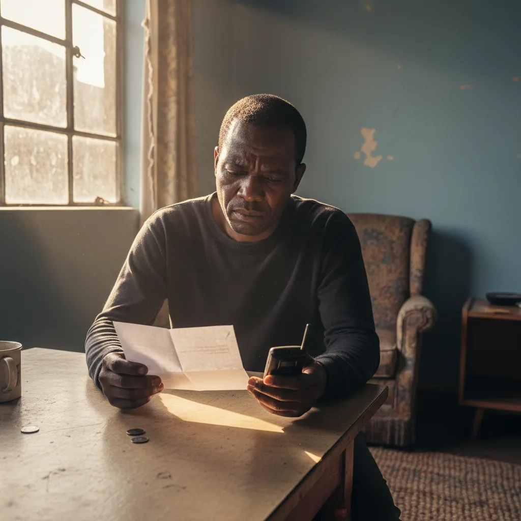 A worried South African man reviews a notice about his SASSA grant status, contemplating the new AI lifestyle audit sys…