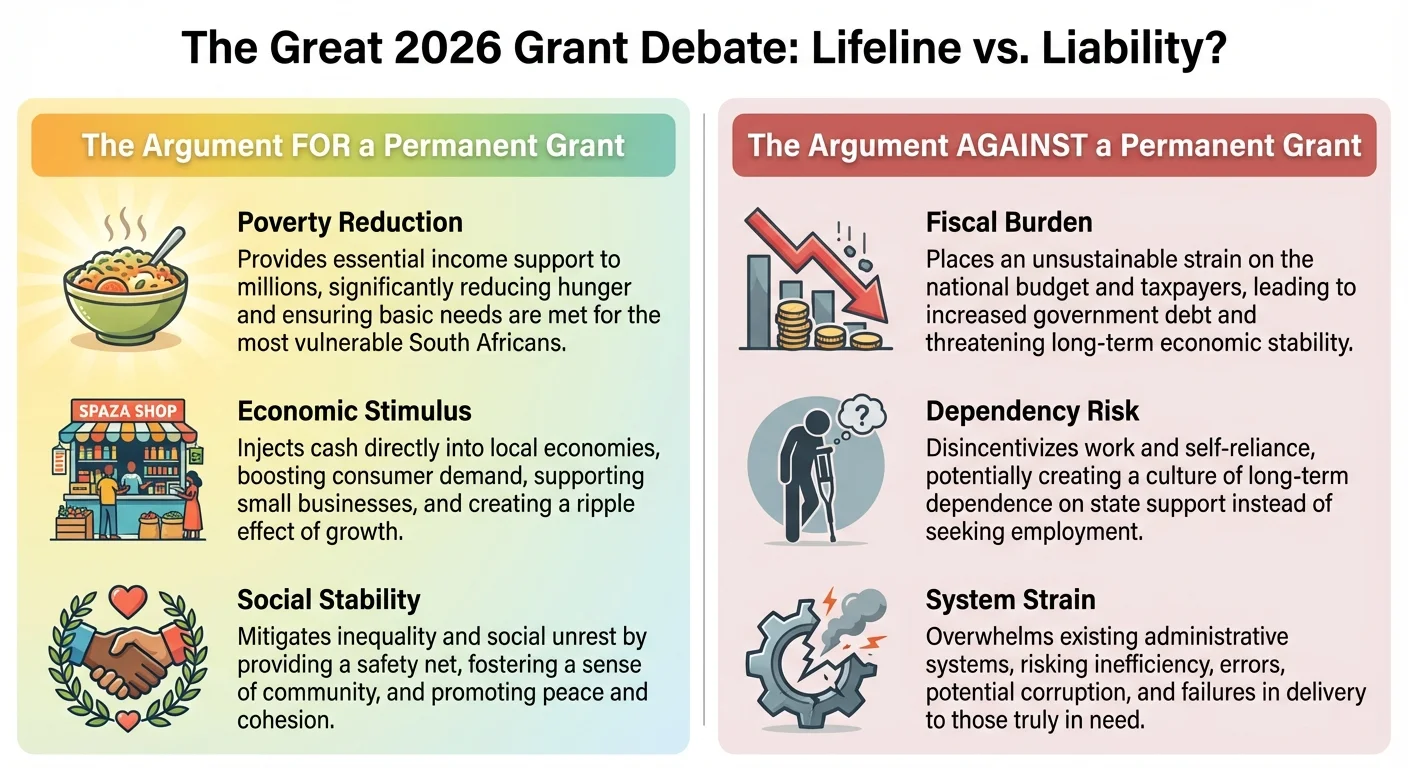 Infographic comparing the pros and cons of making the SASSA R350 grant permanent in 2026. Pros include poverty reduction and economic stimulus, while cons include fiscal burden and system strain.