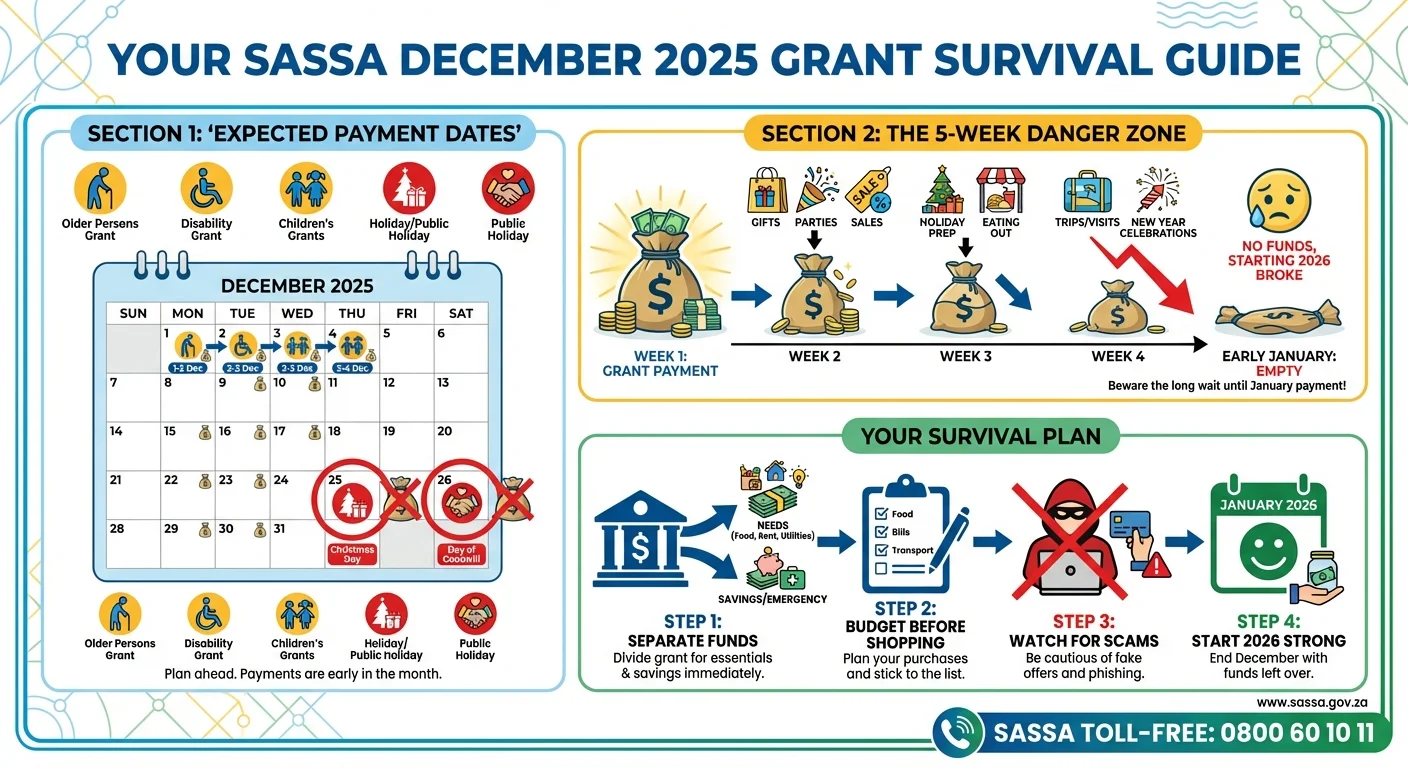 Infographic showing the expected SASSA payment dates for December 2025, a visual warning about the 5-week gap until the January payment, and a 4-step survival plan for budgeting the grant.
