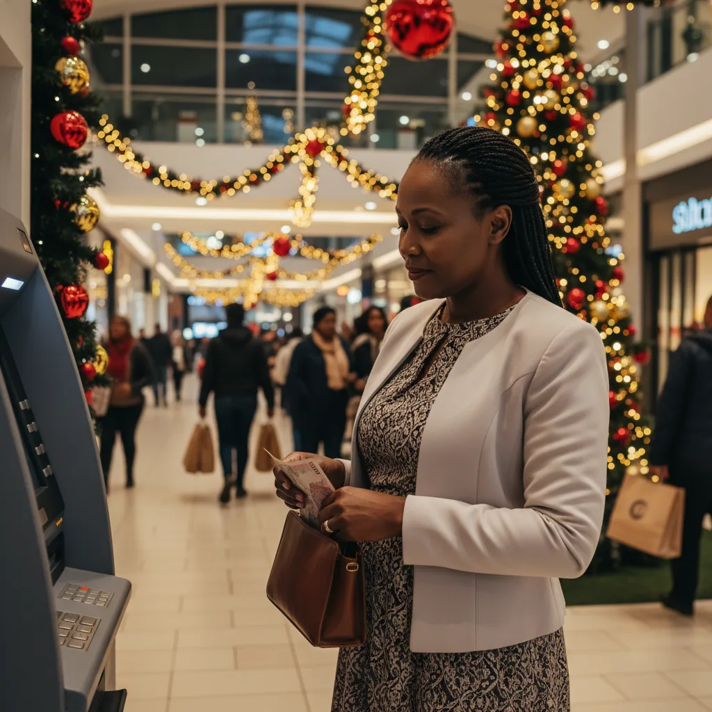A South African woman carefully securing her SASSA grant money from an ATM during the busy December festive season of 2025.