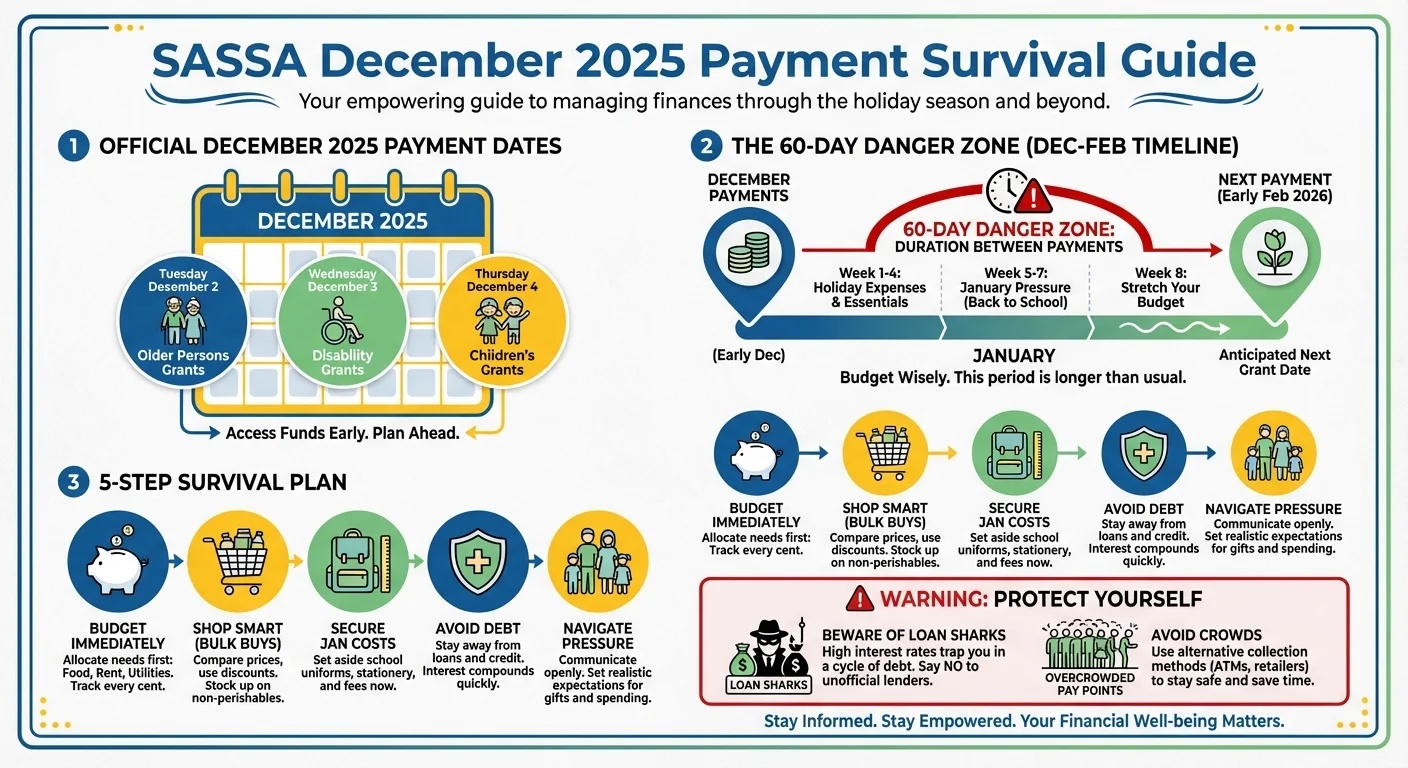 Infographic showing the SASSA December 2025 payment dates and a survival guide timeline. It details the payment dates for different grants, highlights the 60-day gap until the next payment, and provides a 5-step plan for budgeting, smart shopping, and avoiding debt.