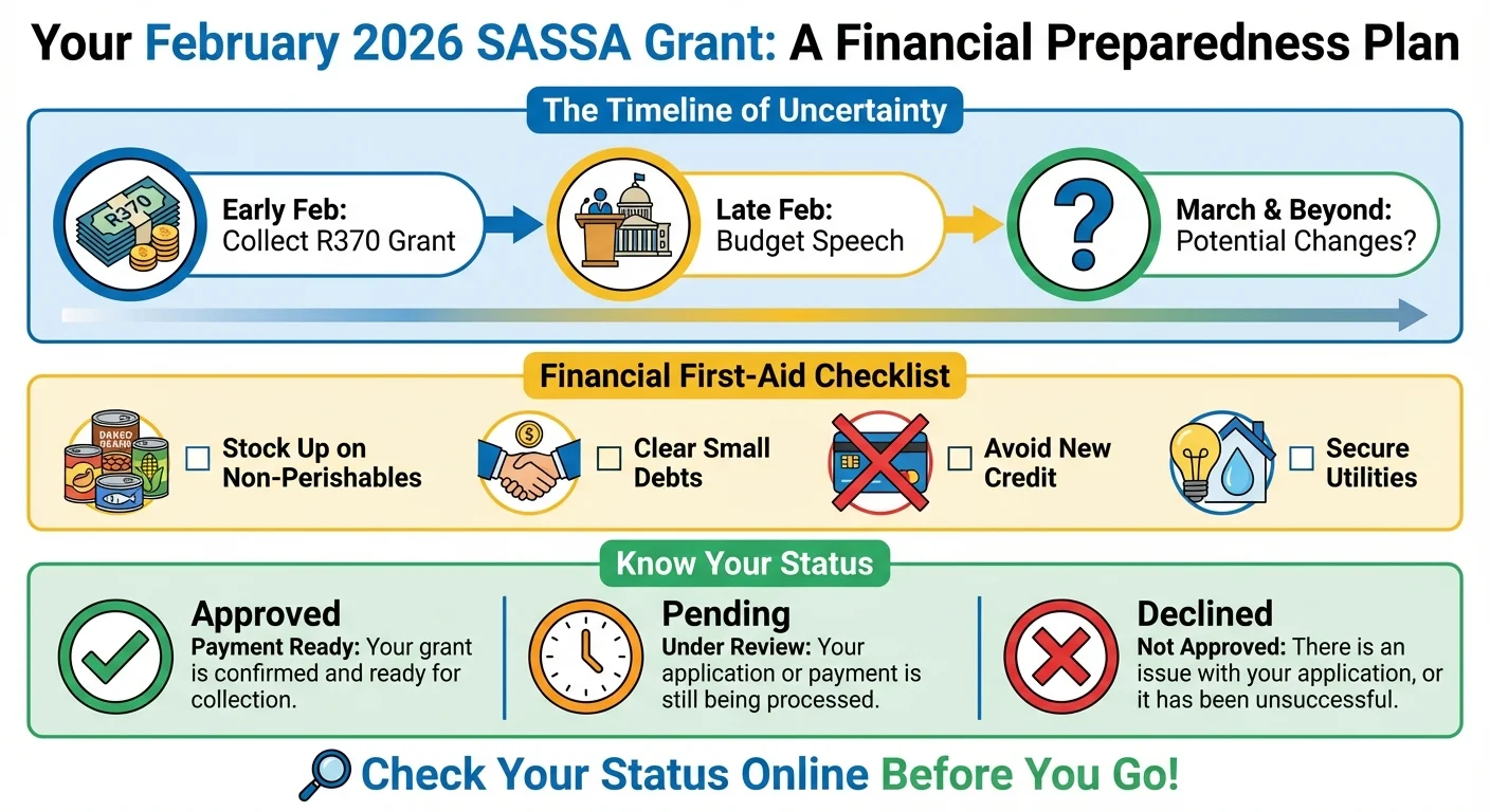 Infographic explaining how to prepare for the 2026 Budget Speech using the February SASSA grant, including a timeline of events, a financial first-aid checklist, and a guide to checking your grant status.