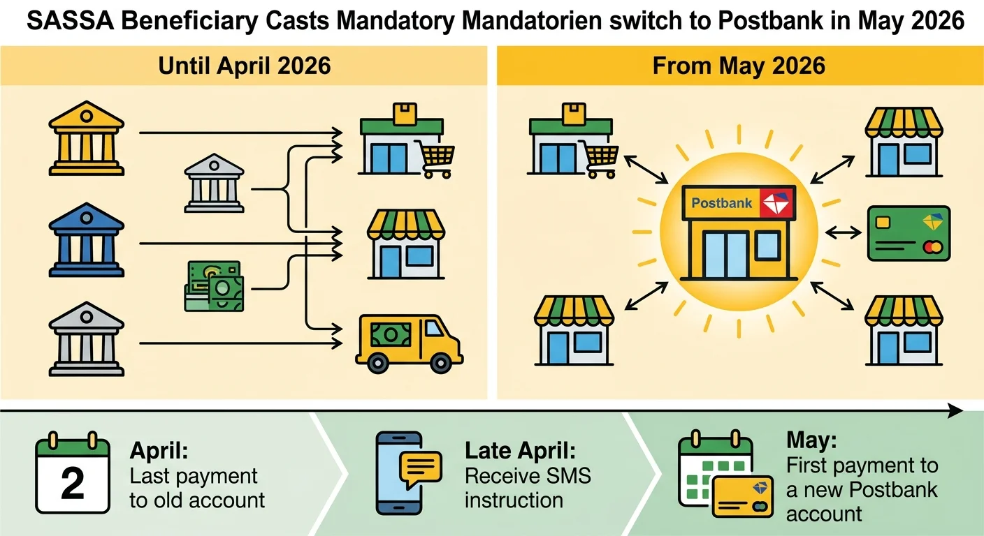 An infographic comparing the SASSA payment system before and after the mandatory switch to Postbank in May 2026, showin…
