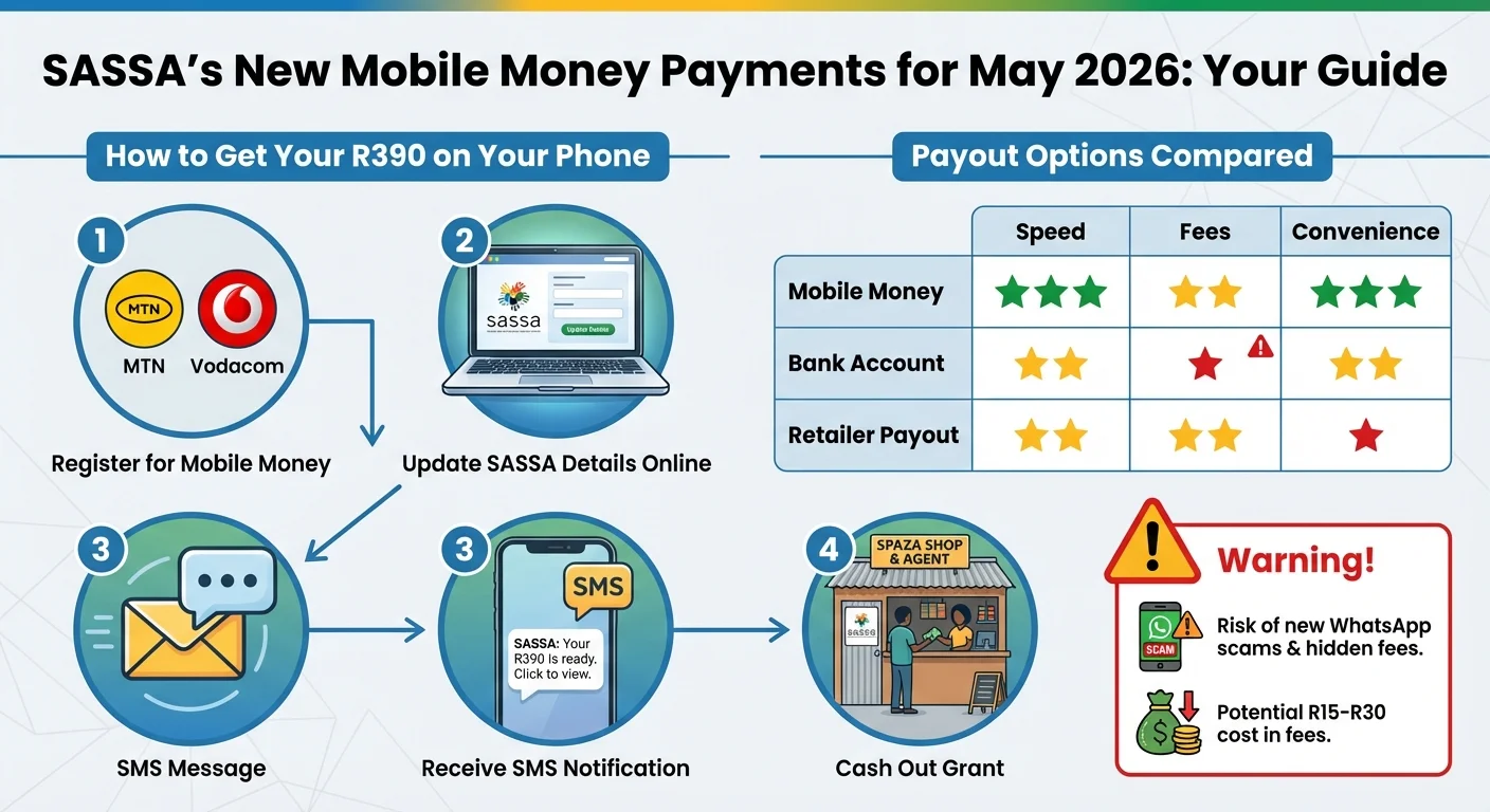 An infographic explaining how to get the SASSA May 2026 R390 grant via mobile money in four steps, and a comparison of…