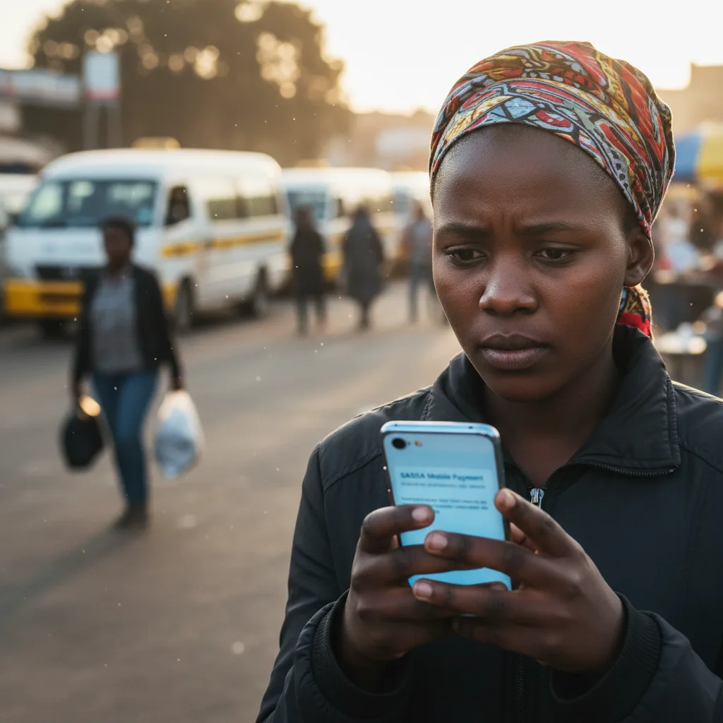 A young South African woman checks her phone for her SASSA grant notification, her face showing a mixture of hope and w…