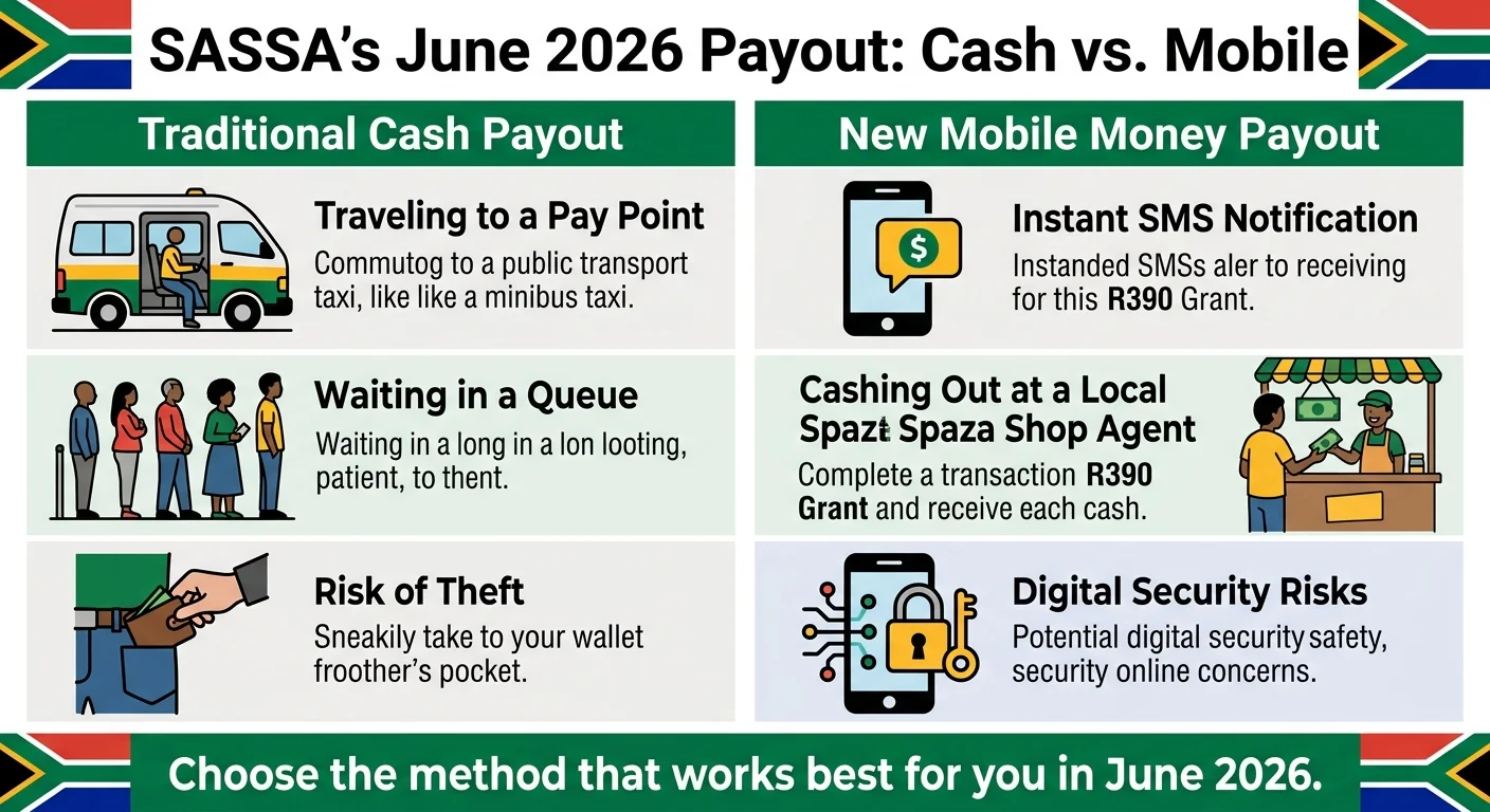 Infographic comparing the traditional SASSA cash payout method with the new mobile money option for the June 2026 R390…