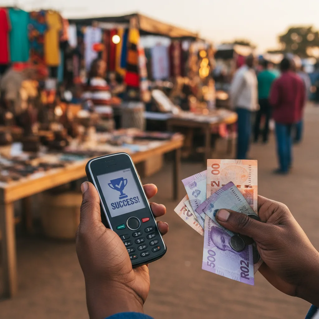 A South African woman holding a feature phone with a payment notification and cash, symbolizing the new SASSA mobile mo…