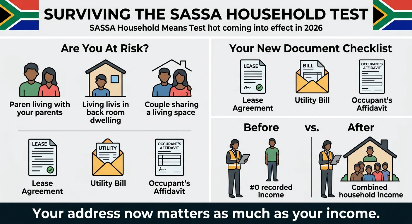 Infographic explaining the 2026 SASSA Household Means Test, showing at-risk groups, required documents like affidavits,…