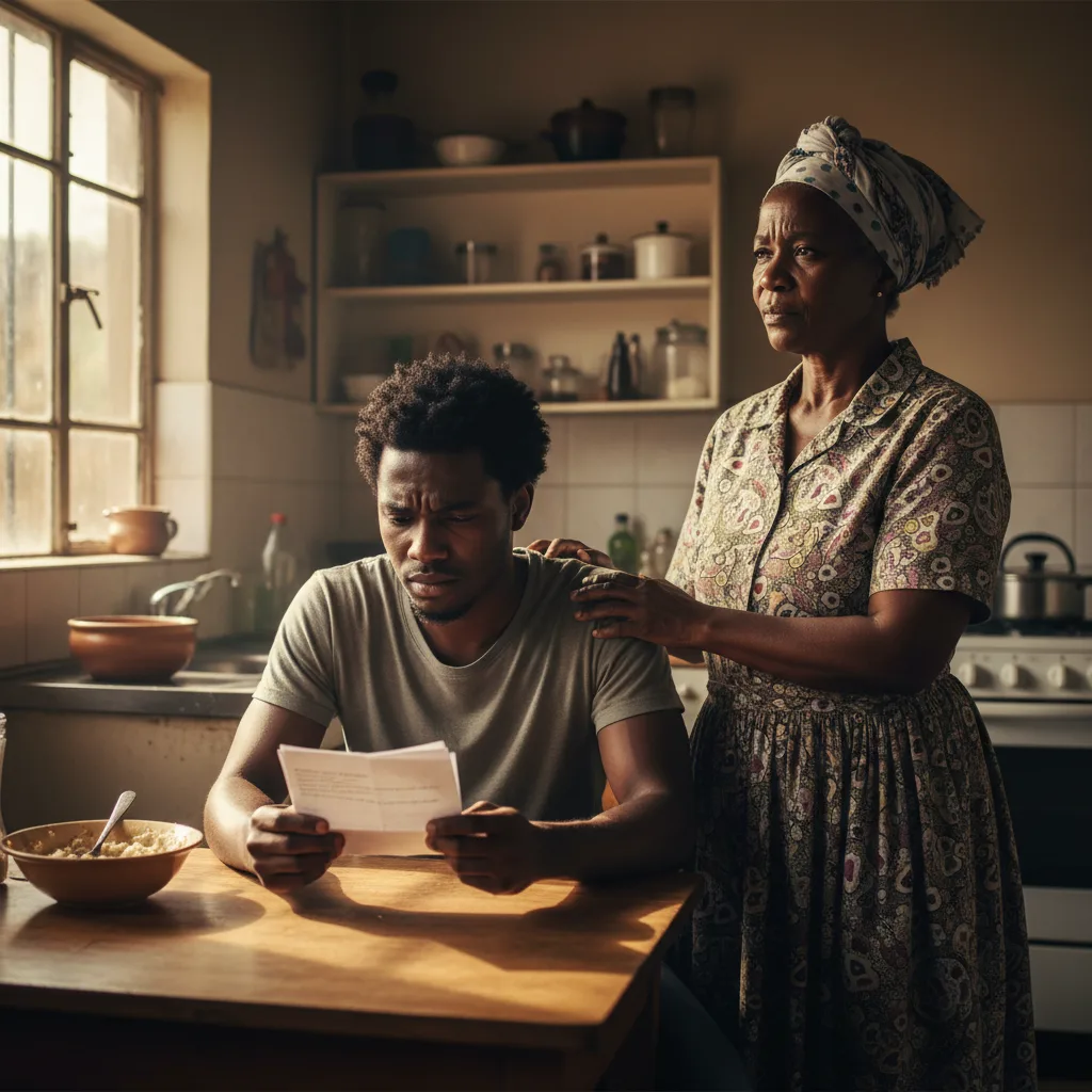 A concerned mother comforting her son at a table as they review a worrying official document related to his SASSA grant…