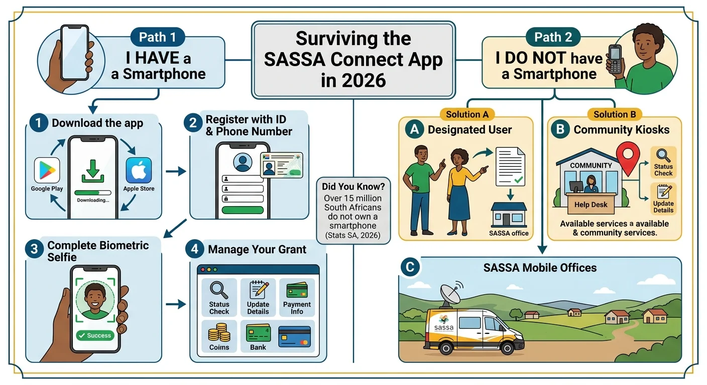 Infographic explaining the two paths for SASSA beneficiaries in 2026: one for smartphone users showing how to use the n…