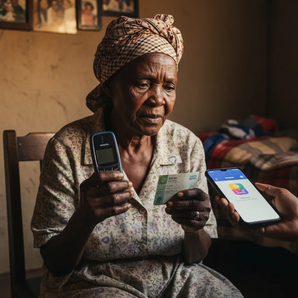 An elderly South African woman looks distressed while holding her old phone and SASSA card, highlighting the challenge…