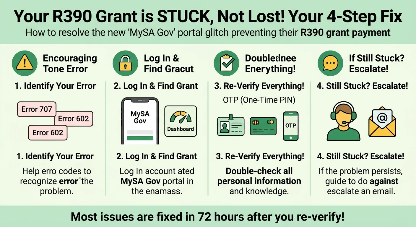 A 4-step infographic guide on how to fix the 2026 MySA Gov portal errors for SASSA R390 grant payments, covering identi…