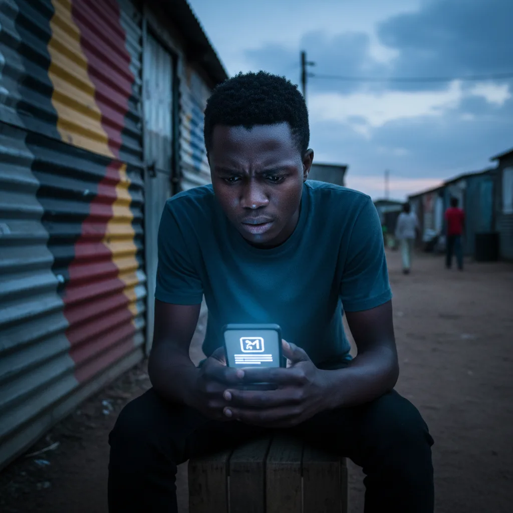 A worried young man in South Africa looking at an error on his phone, symbolizing the frustration with the new SASSA 'M…
