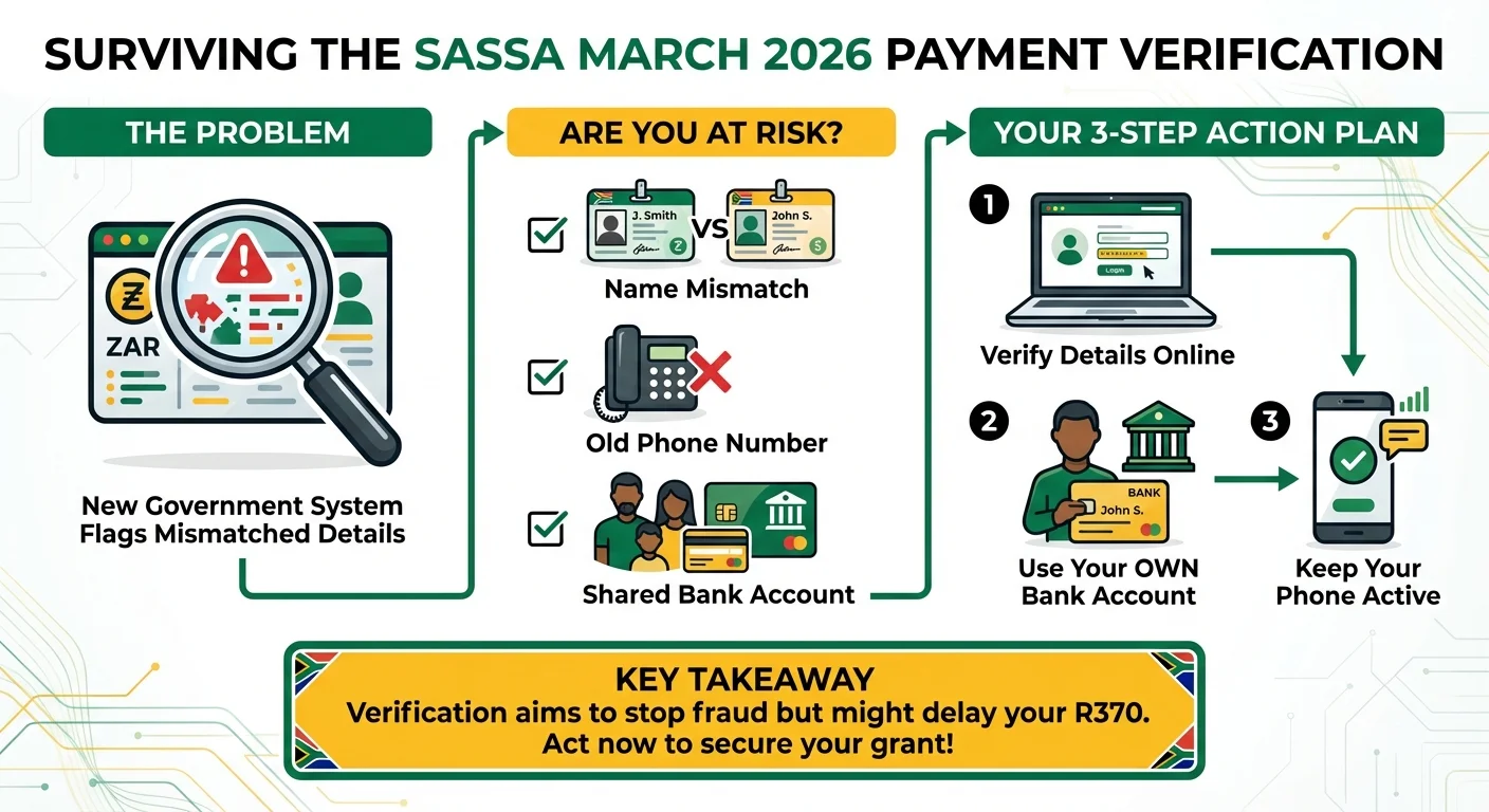 An infographic explaining the new SASSA payment verification for March 2026, showing the risks of mismatched details and a 3-step action plan for beneficiaries to follow.
