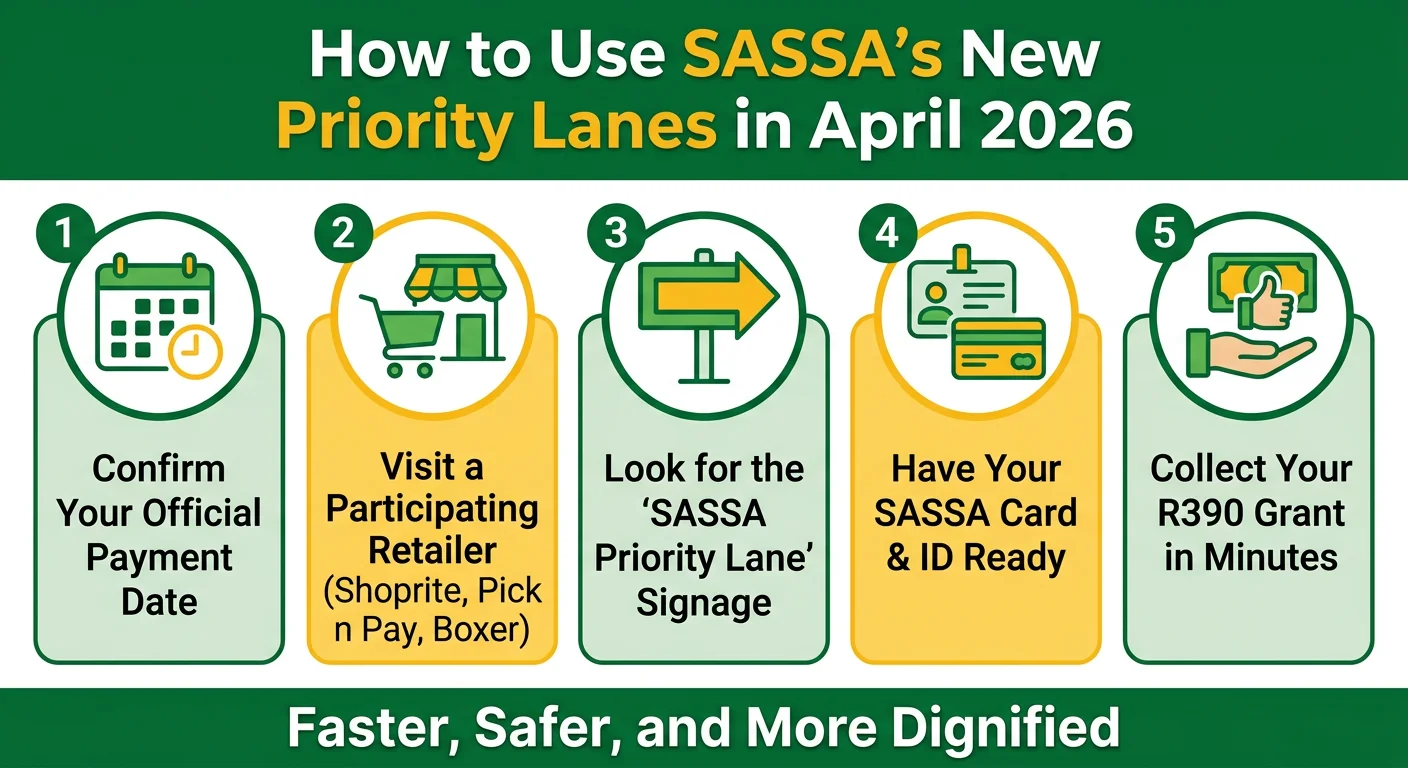 A 5-step infographic explaining how to use the new SASSA Priority Lanes at supermarkets to collect the R390 grant in Ap…