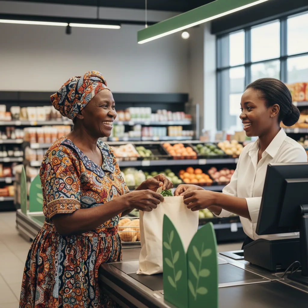 An elderly SASSA beneficiary experiencing the new, faster Priority Lane service at a South African supermarket in 2026.