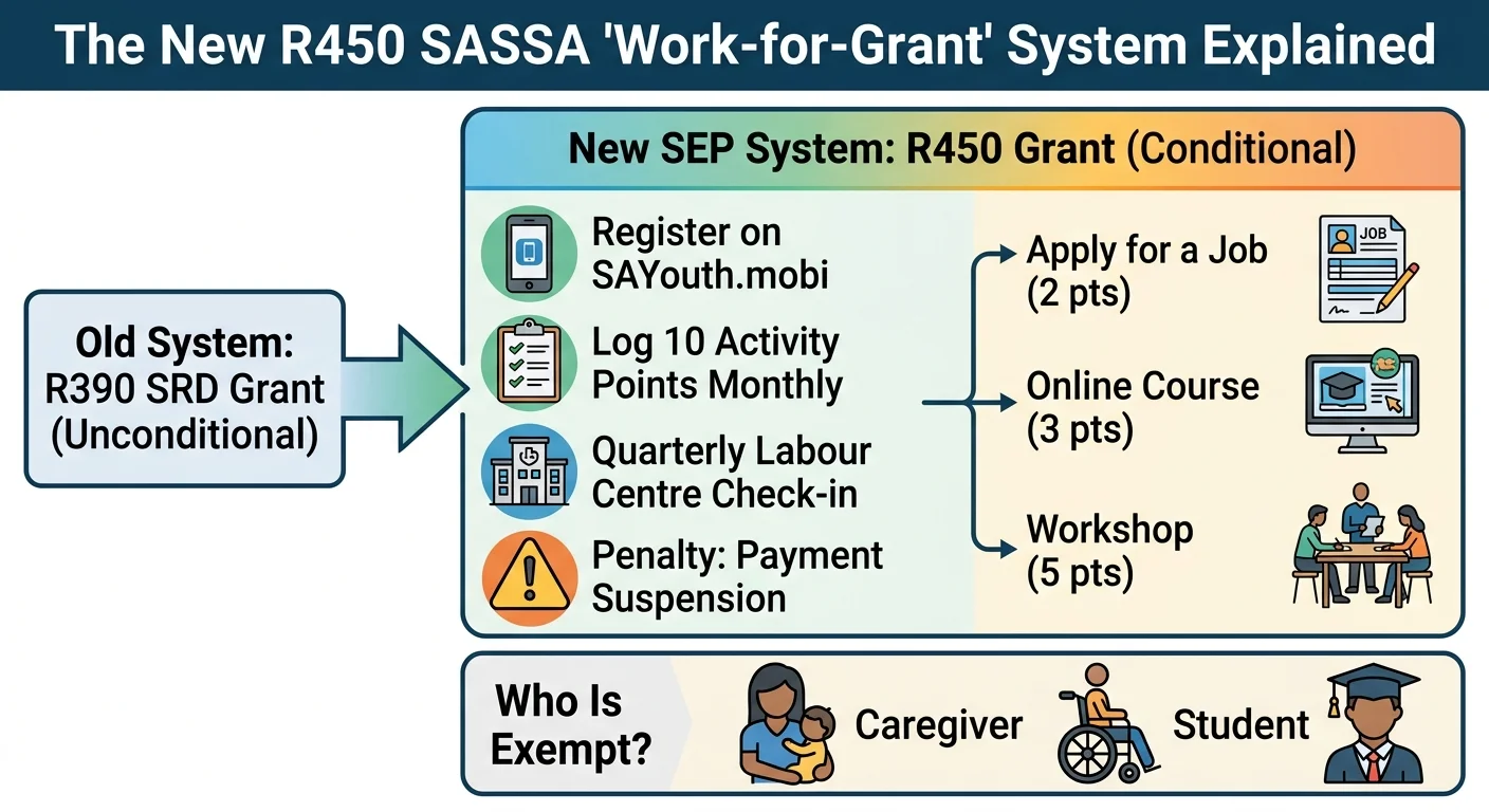 An infographic explaining the new SASSA R450 'Work-for-Grant' scheme, showing the transition from the old R390 uncondit…