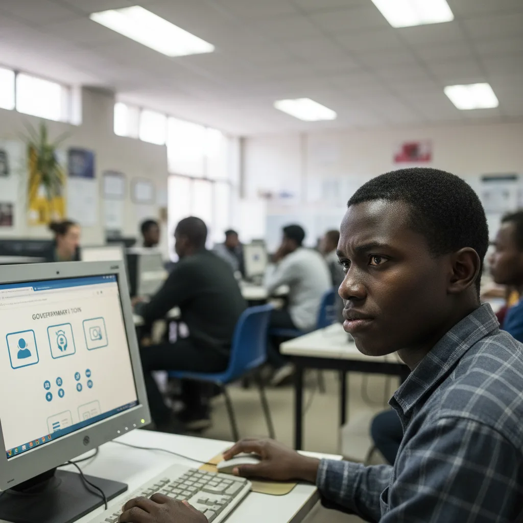 A young South African man focuses on a computer screen, representing the new mandatory job-seeking activities required…