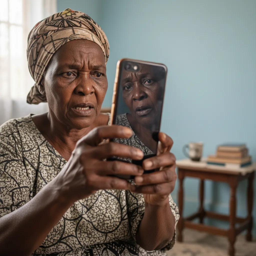 An elderly South African woman expresses frustration while attempting the new SASSA biometric selfie verification on he…