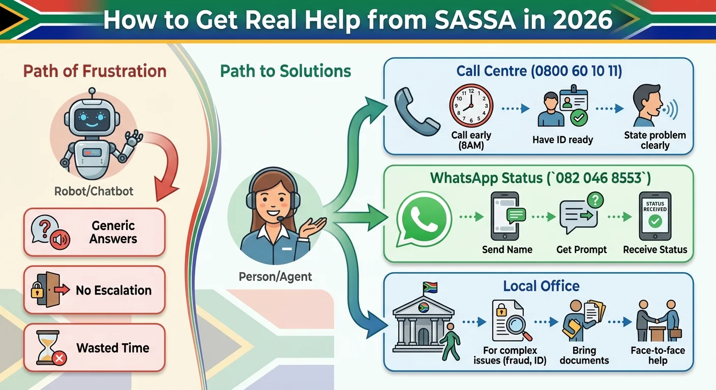 An infographic showing the frustrating path of using the SASSA chatbot versus the effective solution paths of calling t…