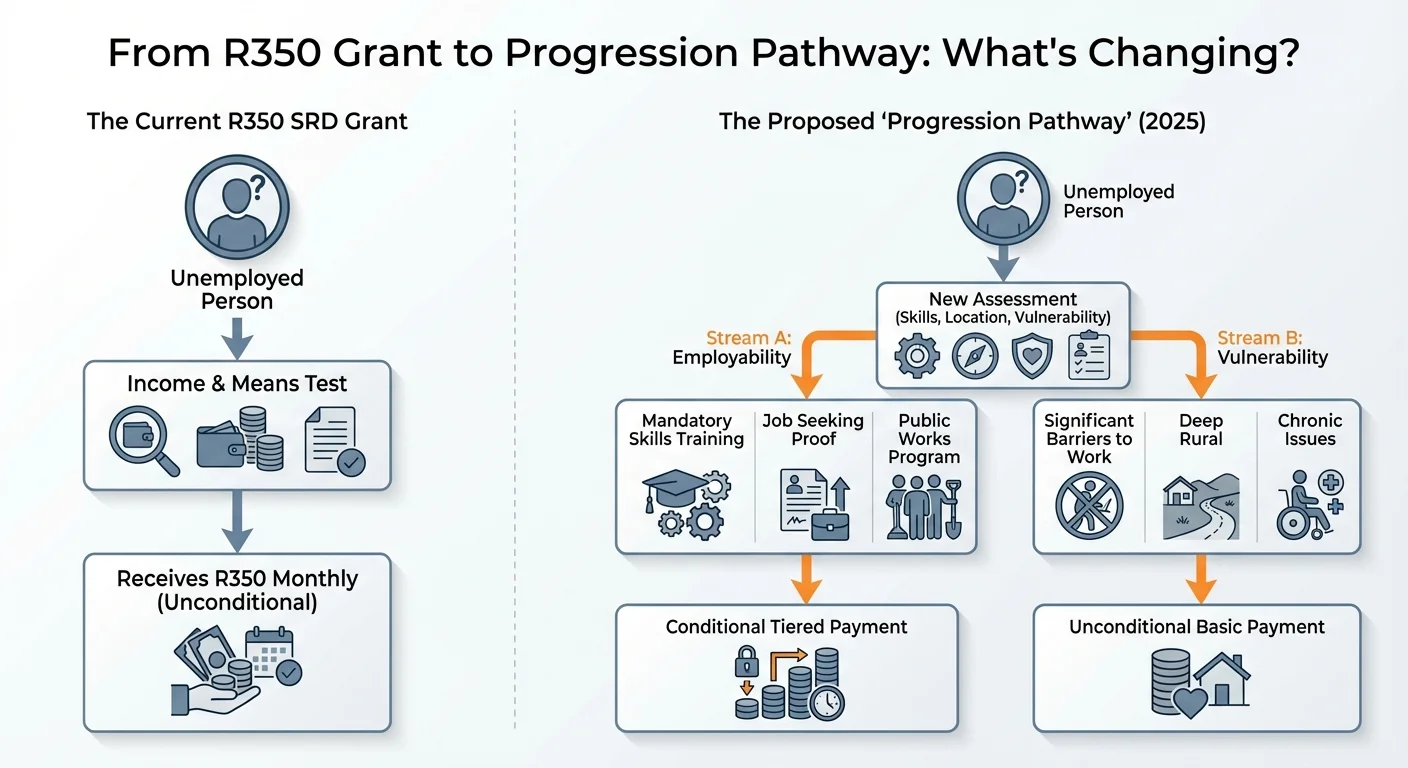 Infographic comparing the current R350 SASSA grant system to the proposed 2025 'Progression Pathway' model, showing the new conditional requirements.