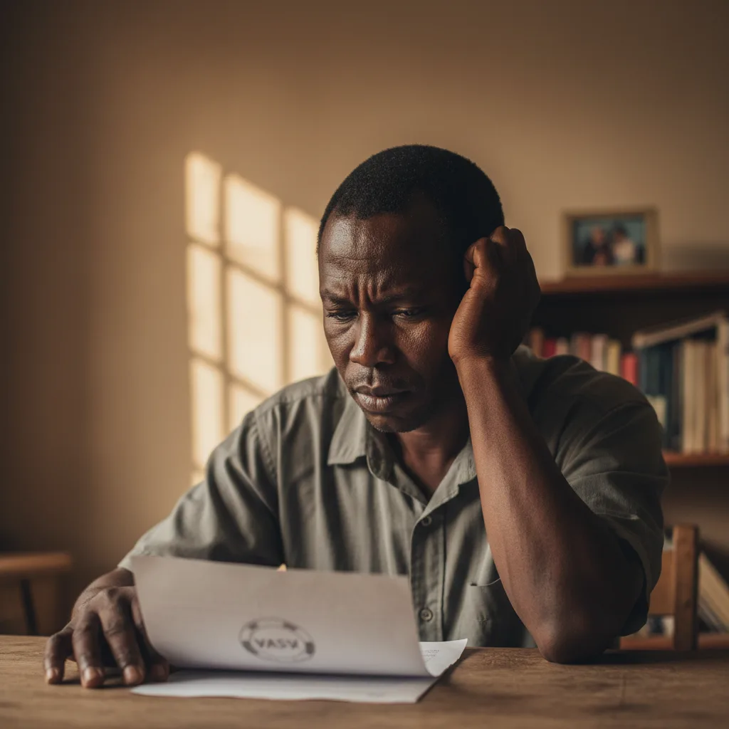 A concerned South African man studies a document, contemplating the future of his SASSA grant under the proposed 2025 policy changes.