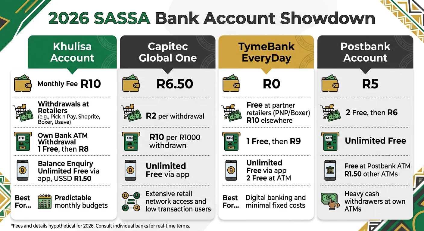 An infographic comparing the fees and benefits of the Khulisa Account, Capitec, TymeBank, and Postbank for SASSA benefi…
