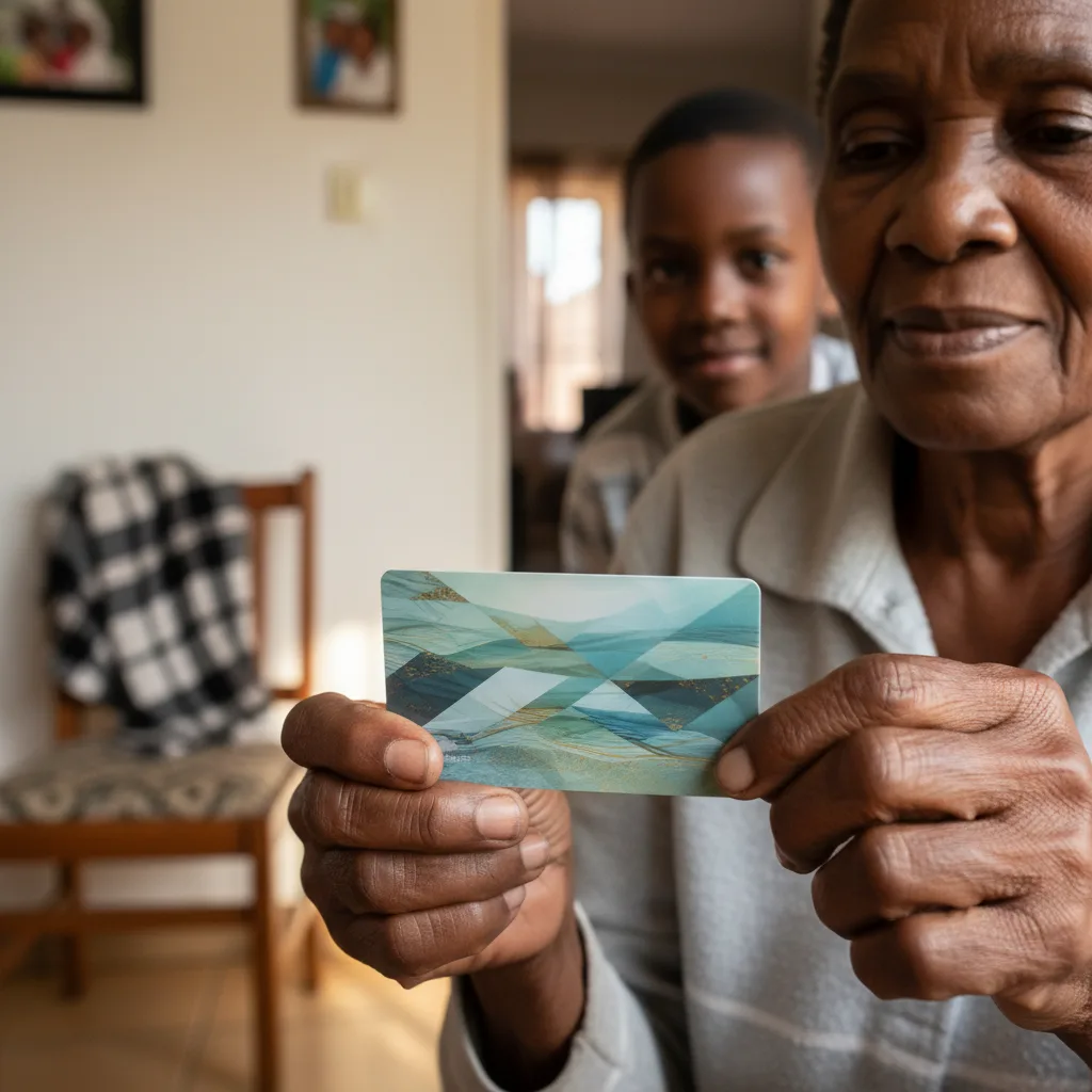 An elderly South African woman's hands holding a new Khulisa bank card, representing a new era of low-cost banking for…