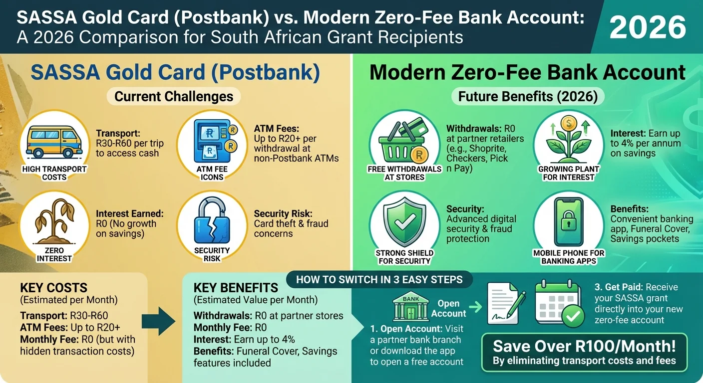 Infographic comparing the SASSA Gold Card to a Modern Bank Account in 2026. It shows the Gold Card has high hidden costs like transport and ATM fees, while a modern account offers free withdrawals, interest, and better security. It includes a 3-step guide on how to switch your SASSA payment details.