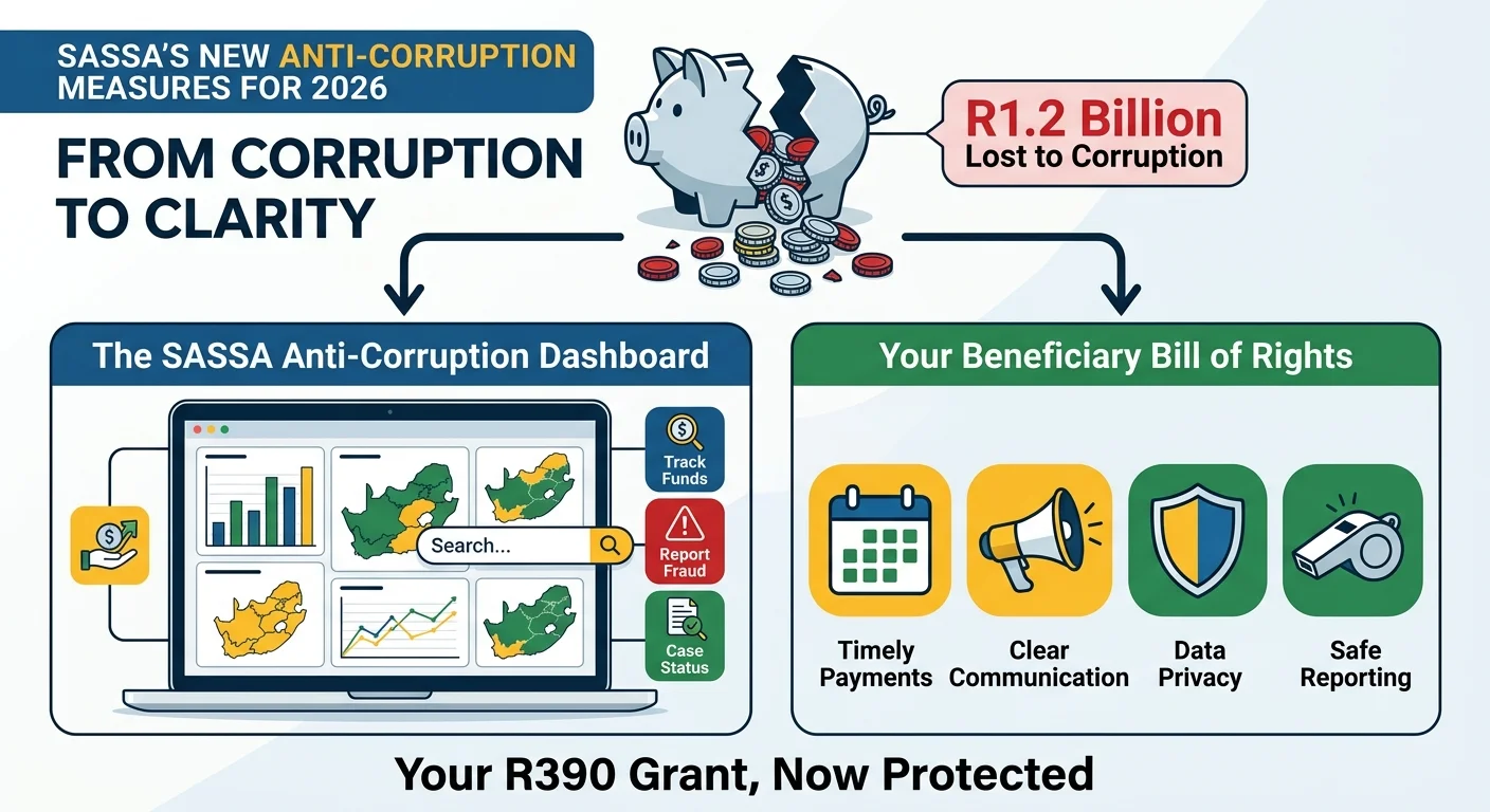 An infographic explaining SASSA's 2026 anti-corruption plan. It shows how the R1.2 billion corruption scandal has led t…