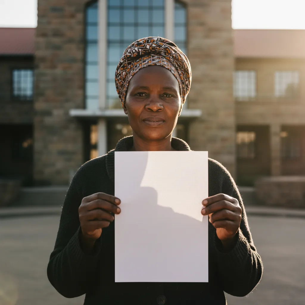 A determined South African woman, representing a SASSA beneficiary, standing resolutely outside a government office, ho…