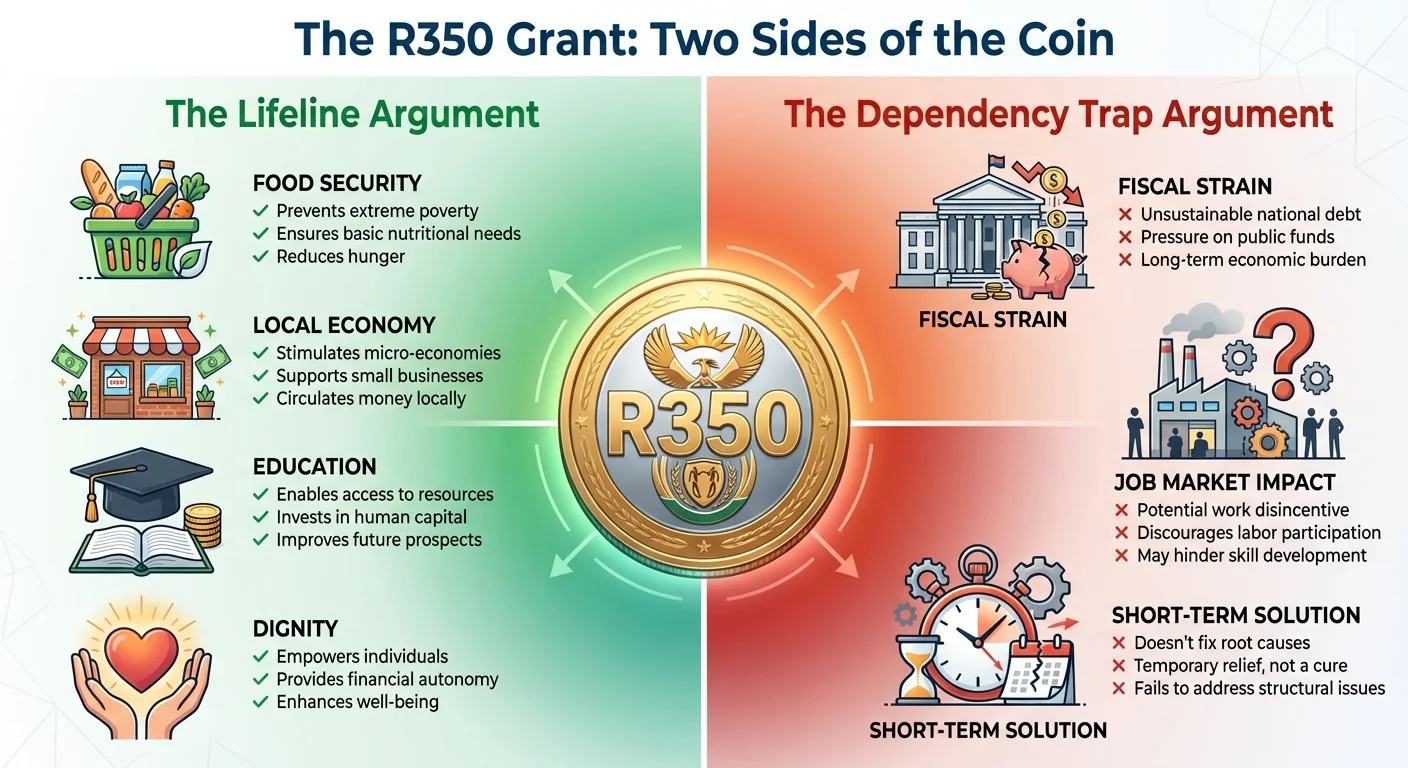 An infographic showing the pros and cons of the SASSA R350 grant. The 'Lifeline' side shows benefits like food security and economic stimulus, while the 'Dependency Trap' side shows concerns like fiscal strain and work disincentives.