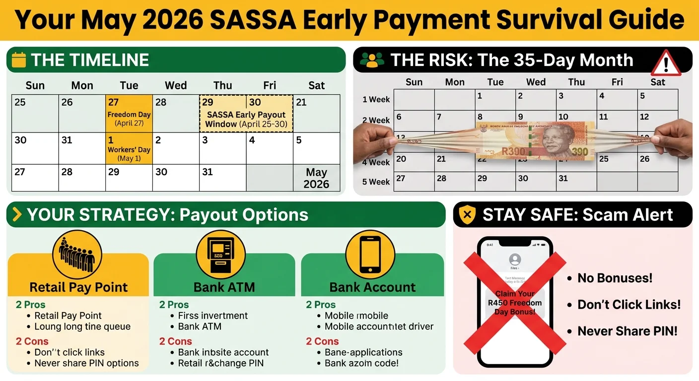 Infographic explaining the May 2026 SASSA early payment schedule. It shows a timeline with public holidays, illustrates…