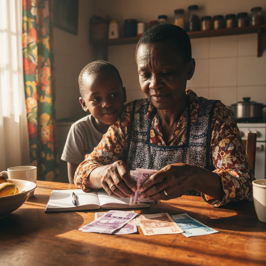 An elderly South African woman carefully budgets her R390 SASSA grant money at a table while her grandchild watches, il…