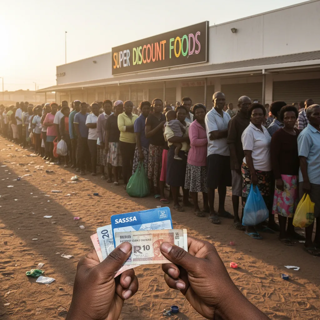 A queue of anxious South Africans outside a supermarket, with a close-up of hands holding a SASSA card and cash, symbol…