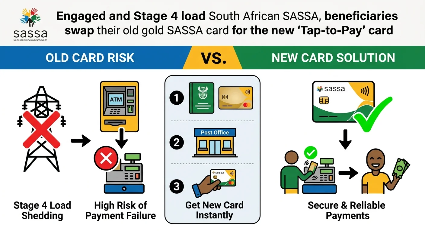 An infographic explaining how Stage 4 load shedding affects old SASSA cards versus the new tap-to-pay cards. It shows t…