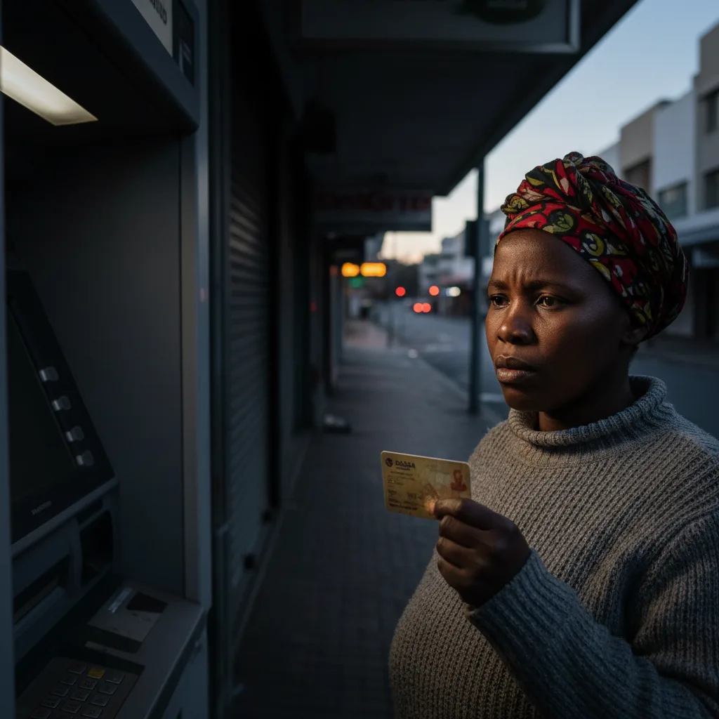 A worried South African woman holding an old SASSA card in front of a dead ATM during a load shedding blackout, symboli…